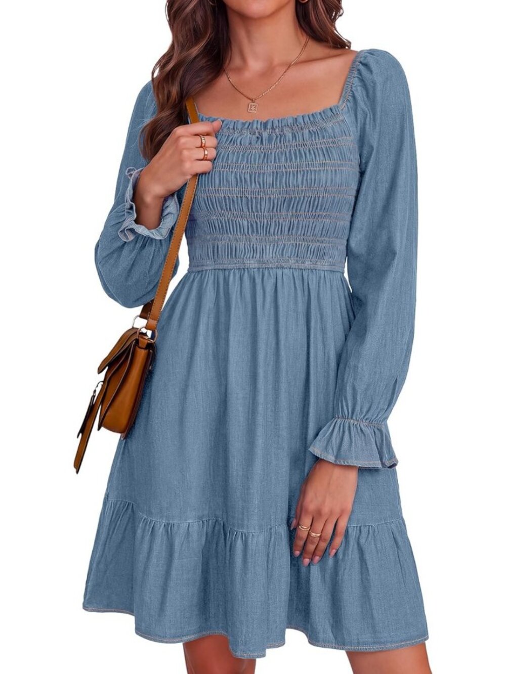 Denim Square Neck Smocked Dress - Long Sleeve, Ruffle Hem, A-Line, Western Style